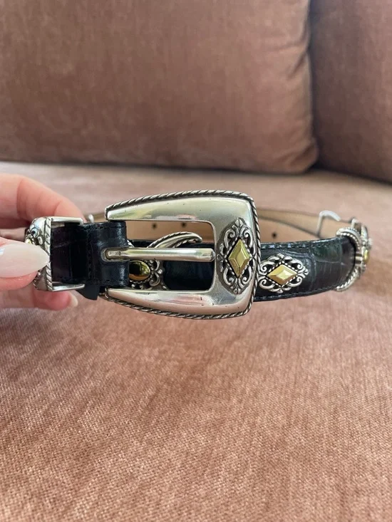 Brighton Black Western Belt, Silver with Medallion Sliders, Large/34, #40383 - Picture 3 of 7